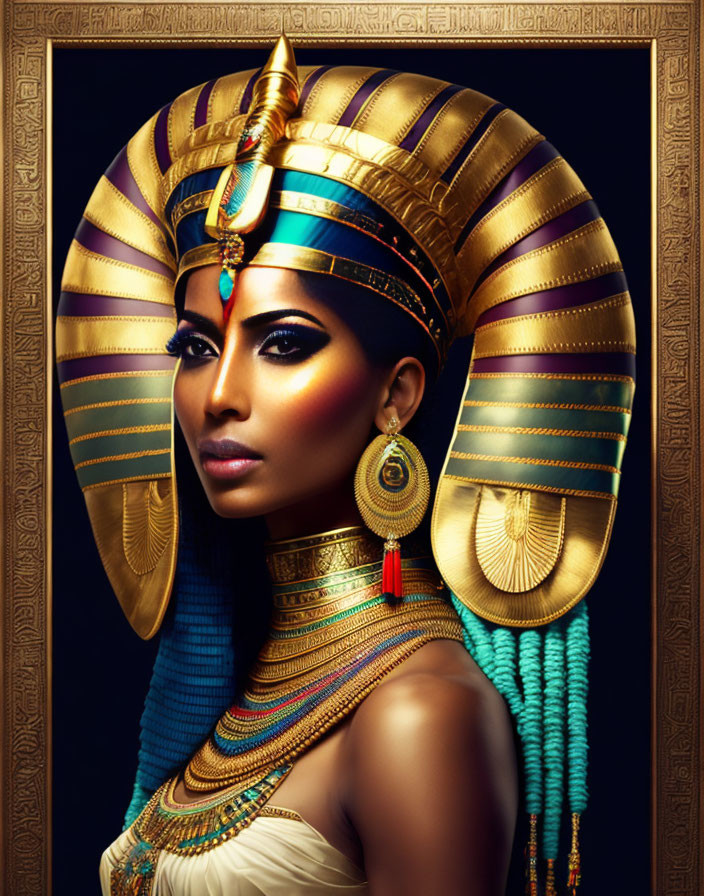 Elaborate Ancient Egyptian-style Makeup and Headdress in Golden and Blue Colors