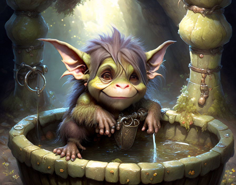 Whimsical creature with large ears smiles by stone well with small bucket.