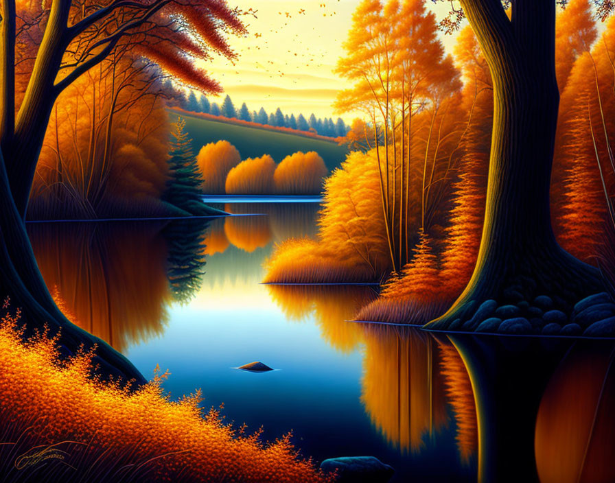 Vibrant autumn landscape with golden and orange foliage and tranquil lake.