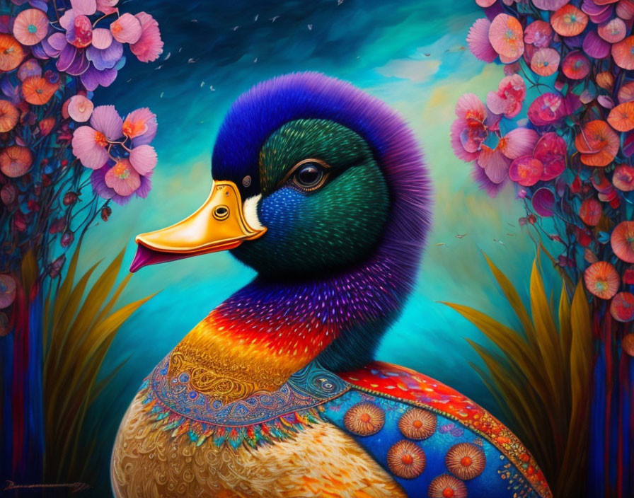 Colorful Duck Illustration with Detailed Feather Patterns and Floral Background