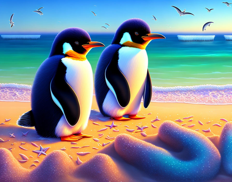 Colorful Beach Scene: Vibrant Penguins, Starfish, Seagulls, Gradient Sky