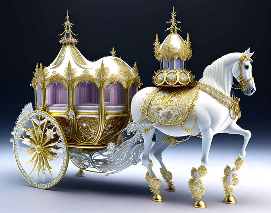 Golden Carriage Pulled by White Horse on Blue Background