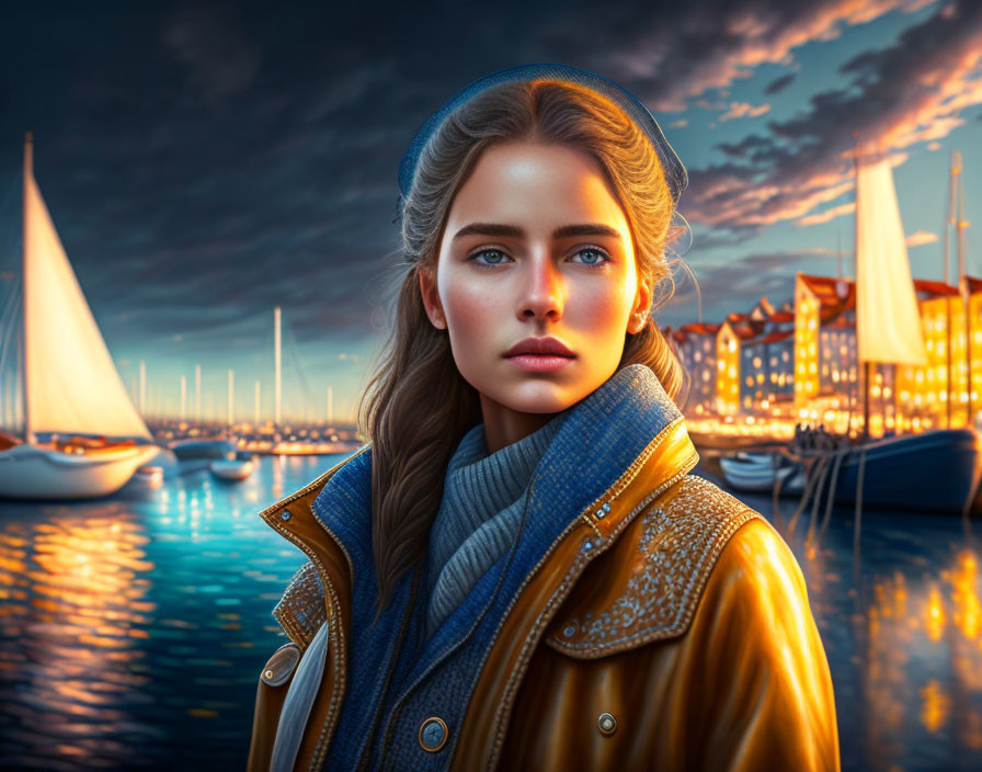 Woman with Blue Eyes and Blonde Hair in Yellow Jacket by Sailboats at Sunset