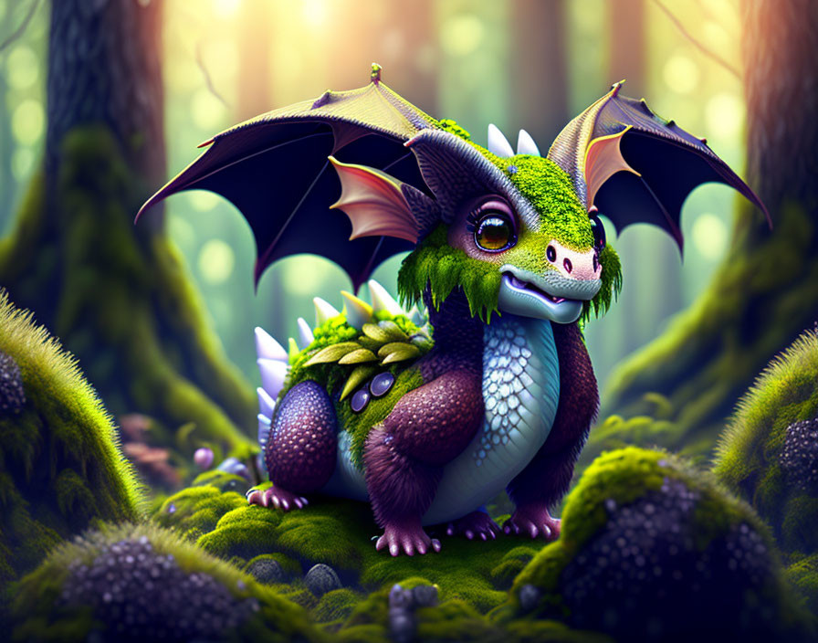 Colorful dragon illustration in magical forest scene