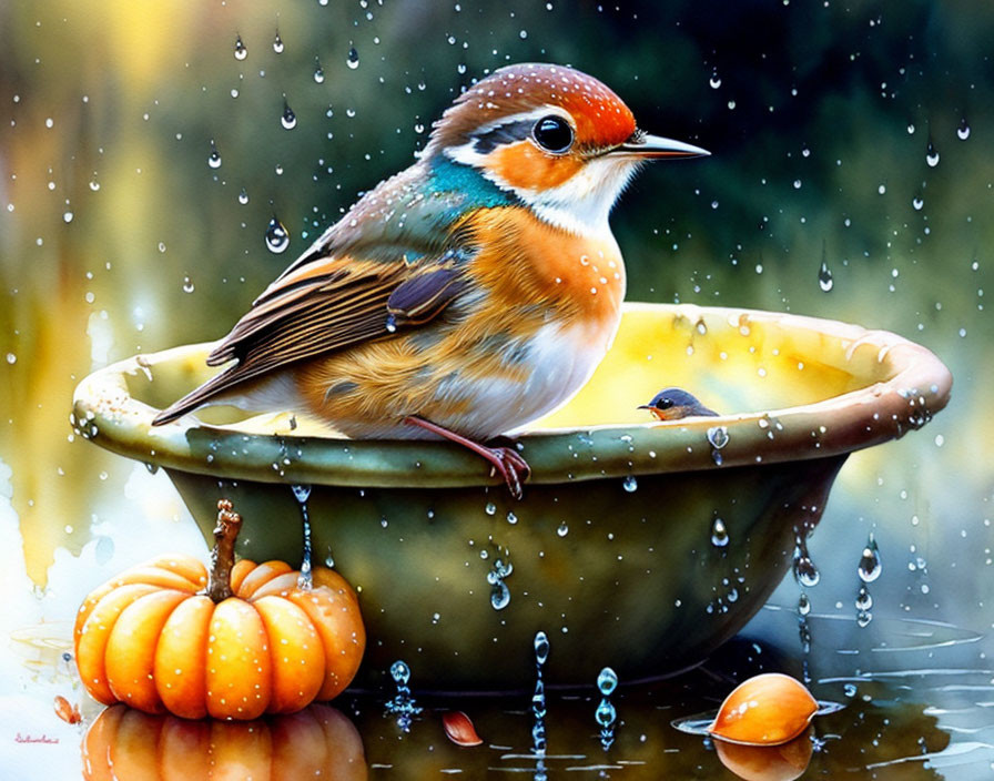 Colorful robin on bowl edge with pumpkins, water droplets, bokeh background