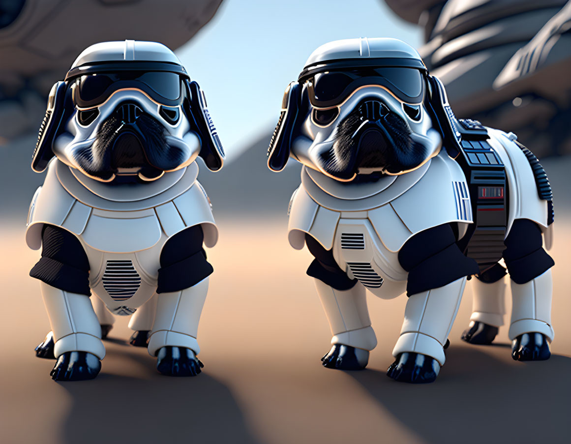 Two pugs in Stormtrooper costumes standing in sci-fi setting