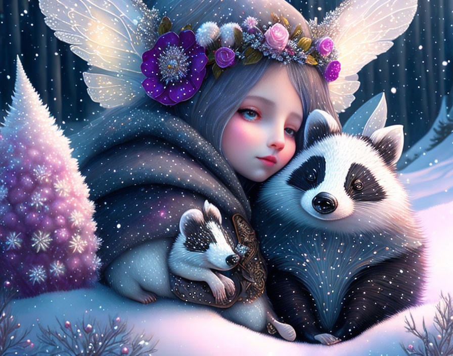 Illustration of winged girl with floral crown cuddling raccoons in snowy blue scene