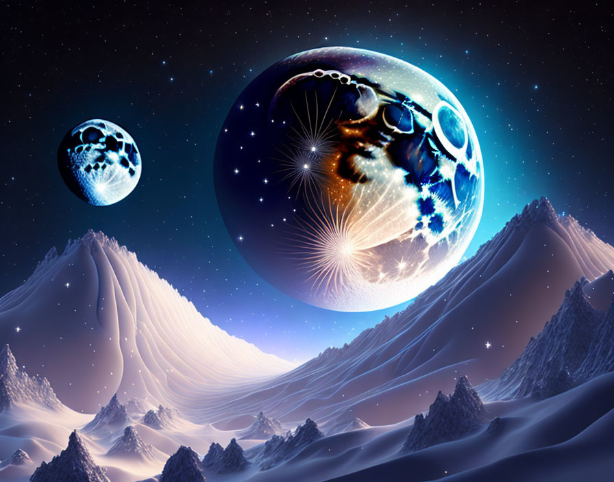 Snow-covered mountains under starry sky with two large moons or planets.