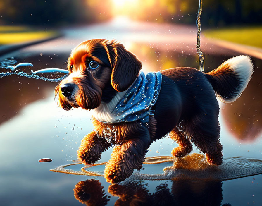 Playful dog splashing water on puddle-dotted road under golden sunlight