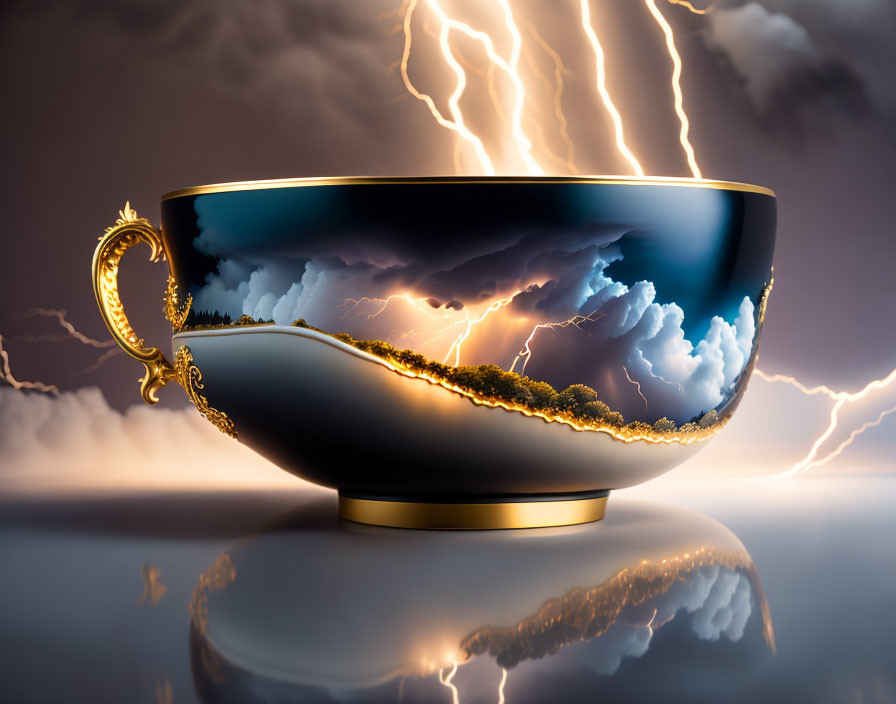 Ornate cup with stormy sky design and lightning on golden edges