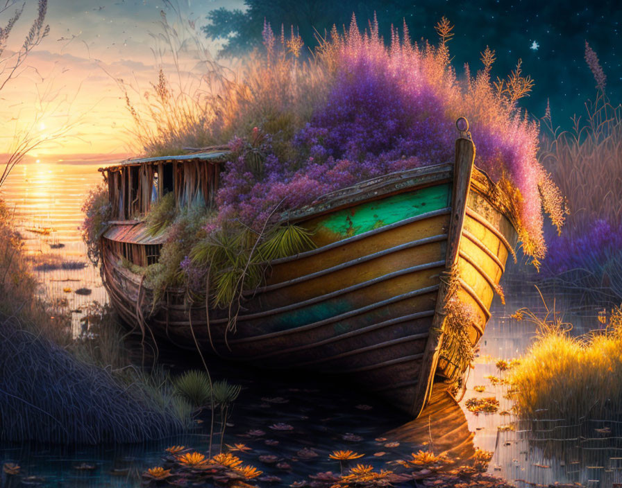 Wooden boat with purple flowers among lily pads and reeds at twilight