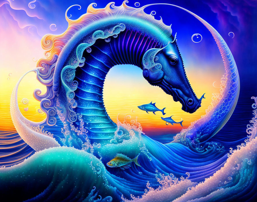 Surreal seahorse art with ocean waves and marine life in vibrant sunset scene