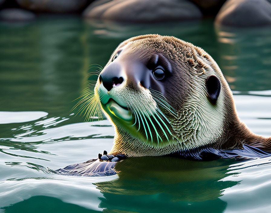 Sea otter floating on back in clear water with serene expression