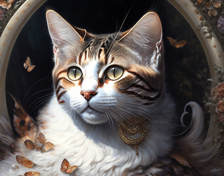 Regal Cat with Striking Markings and Golden Eyes, Butterfly and Floral Scene