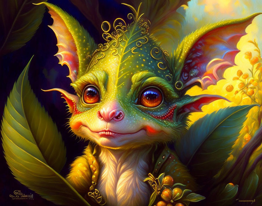 Whimsical green-eyed creature with bat-like ears in lush foliage