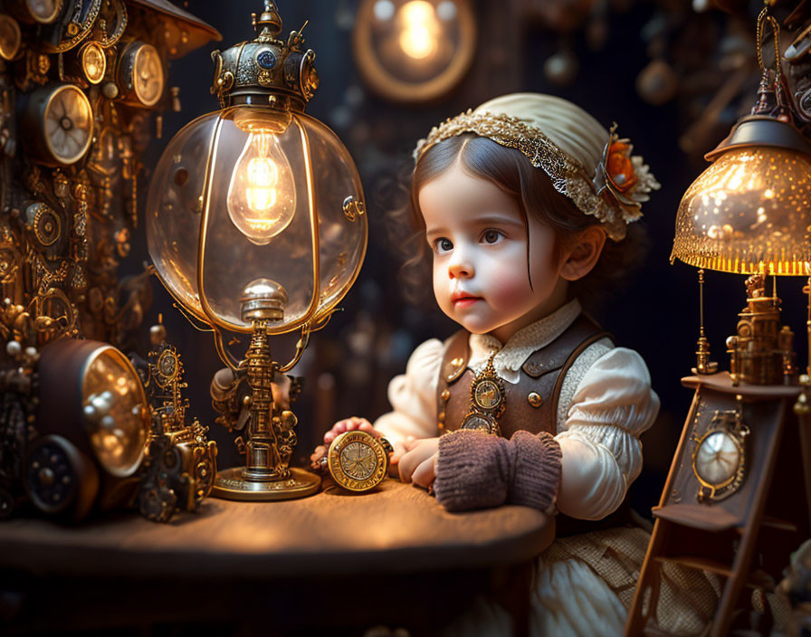 Child in vintage attire with brass clocks in steampunk setting