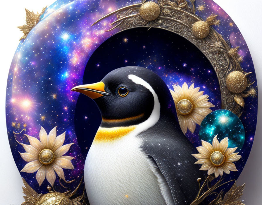 Penguin in Cosmic Scene with Gold Flowers and Stars in Oval Frame