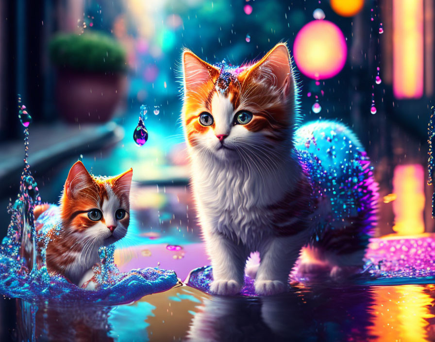 Colorful Illustration of Two Cats by Water with Magical Splashes