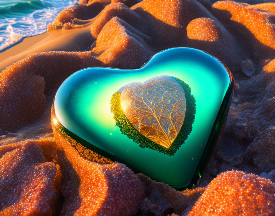 Heart-shaped glossy object with leafy pattern on sandy beach under warm sunlight