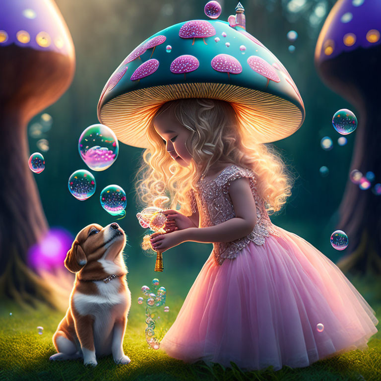 Young girl in pink dress with oversized mushroom cap blowing bubbles for attentive puppy in magical forest glade