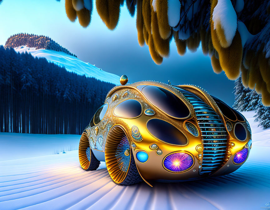 Futuristic ornate vehicle on snowy landscape with glowing elements