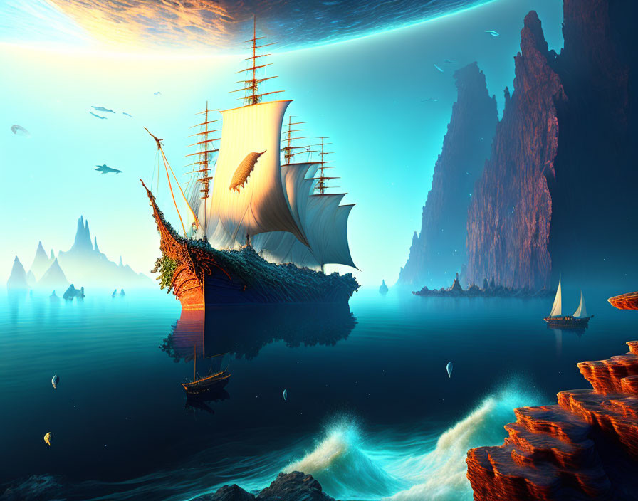 Sailing ship with full white sails in surreal blue waters near towering red rock formations under sky with large