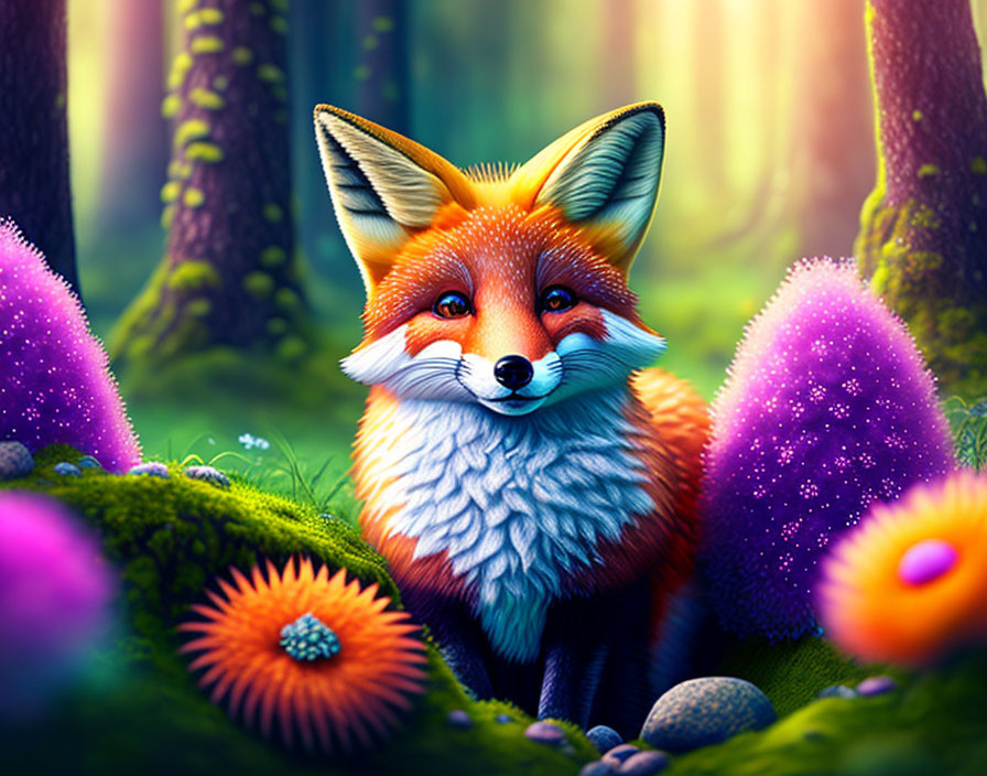 Colorful red fox in whimsical forest scene with fantastical flora