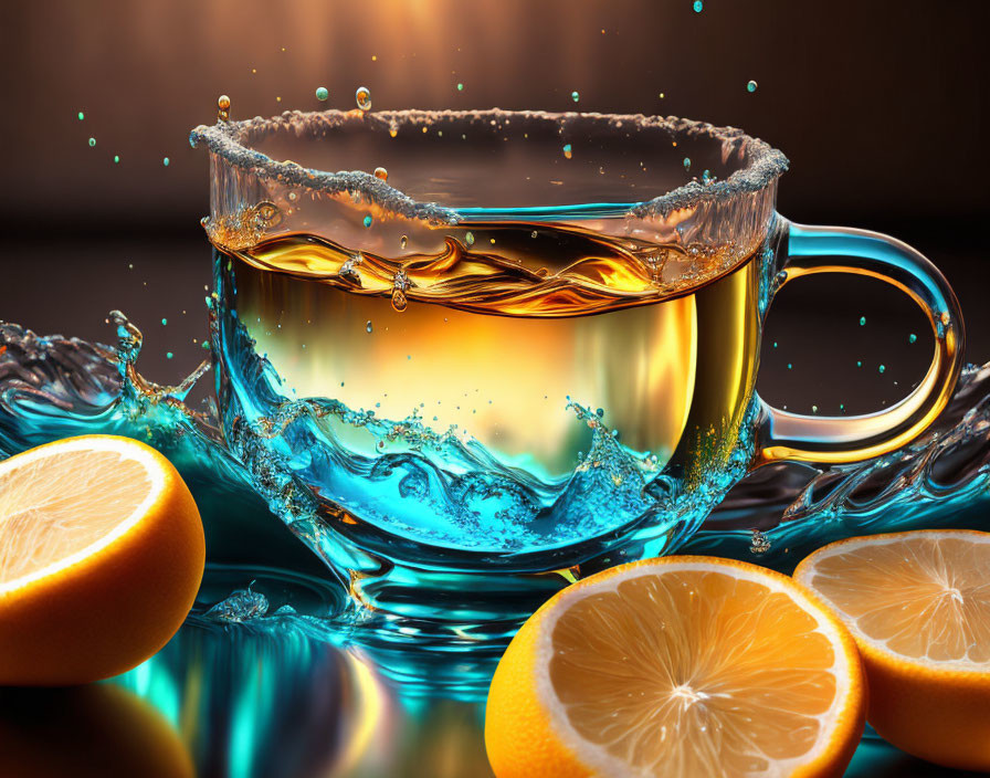 Glass cup of tea with lemon slices and splashing water on reflective surface