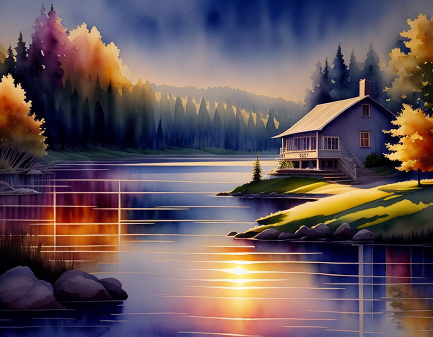 Twilight lakeside cabin illustration with forest and gradient sky