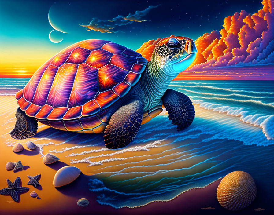 Colorful Turtle Beach Sunset Artwork with Iridescent Clouds