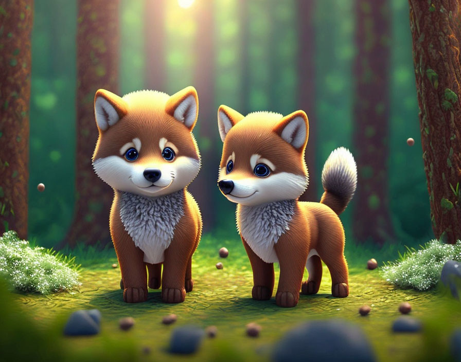 Two adorable shiba inu puppies in enchanted forest with soft lighting.