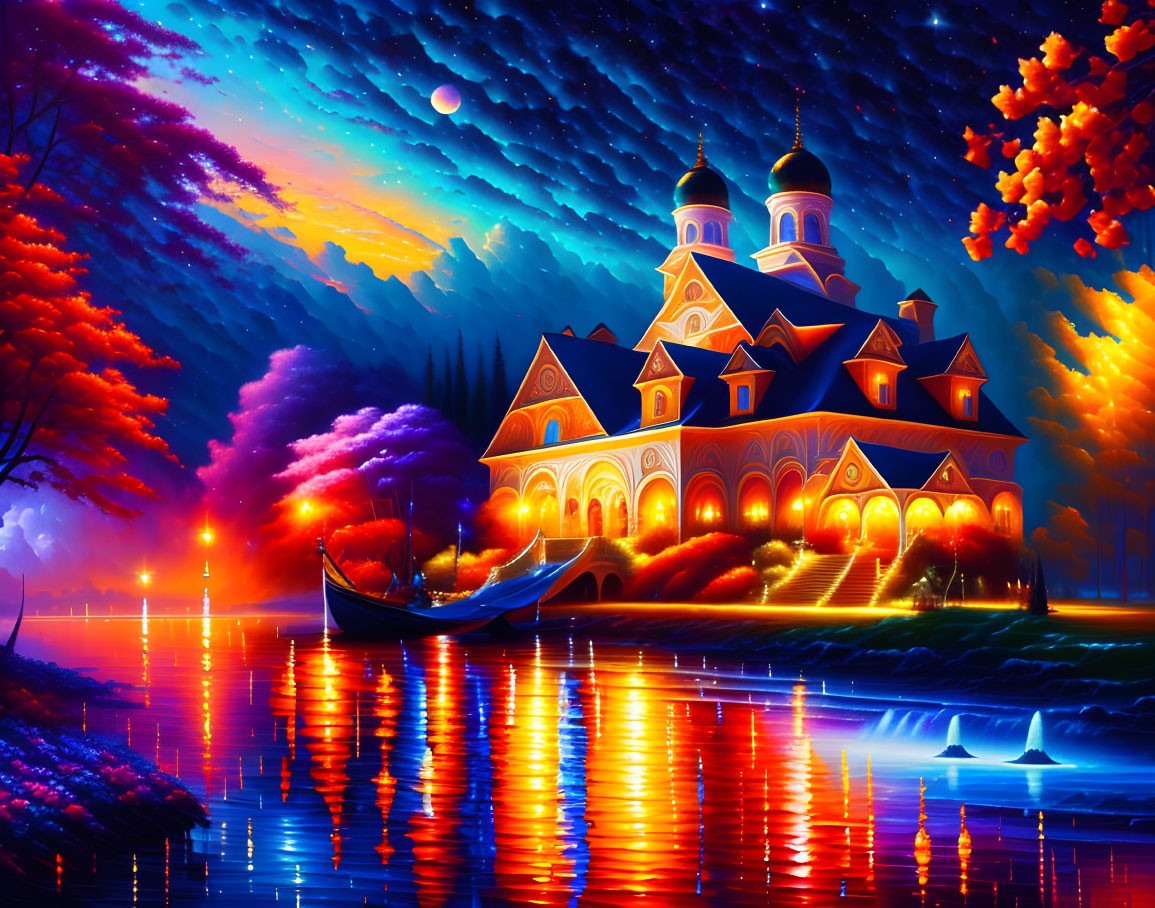 Vibrant painting of lit castle by lake at twilight with boat and starry sky