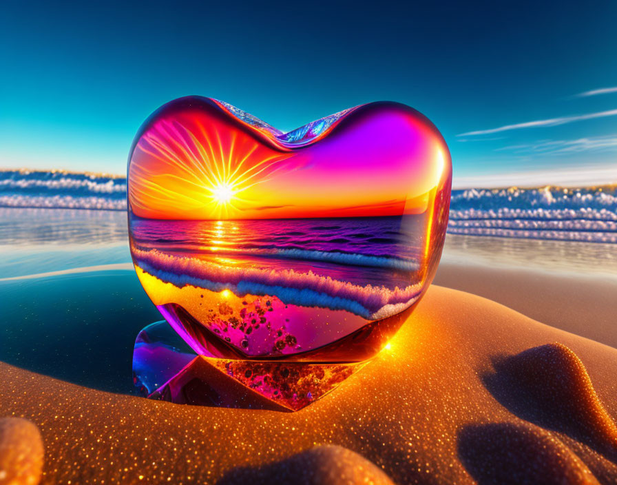 Vibrant sunset reflected on glossy heart-shaped object on sandy beach