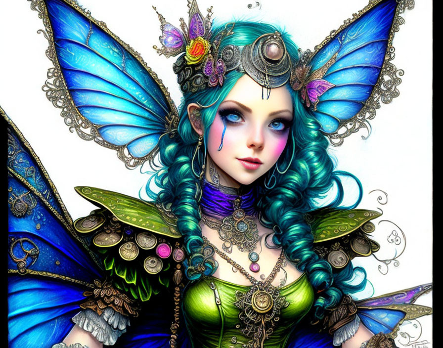 Fantasy illustration: Female figure with blue butterfly wings and teal hair