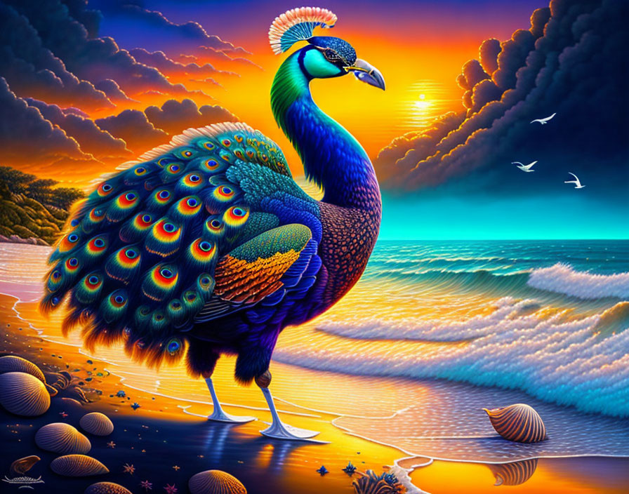 Colorful Peacock Illustration on Beach at Sunset with Waves and Birds