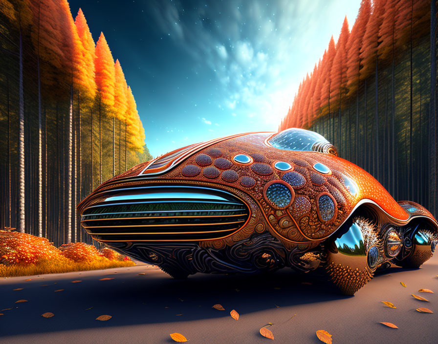 Futuristic orange and blue vehicle in forest with autumn trees under starry sky