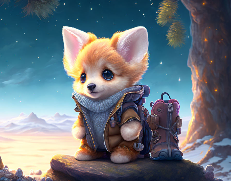 Animated corgi puppy in traveler's jacket with backpack on rock under twilight sky