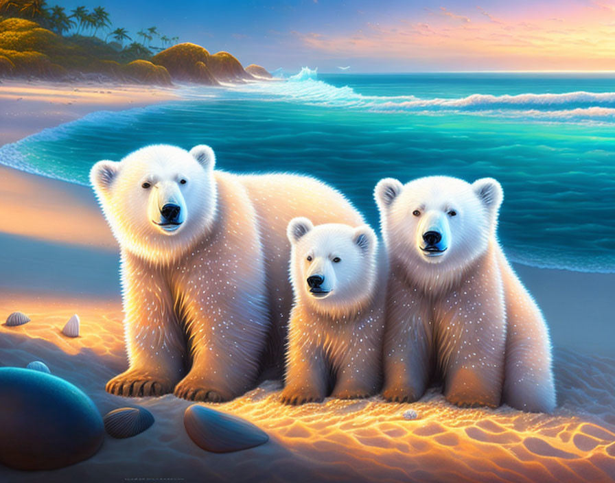 Three polar bears on tropical beach at twilight with seashells and crashing waves.