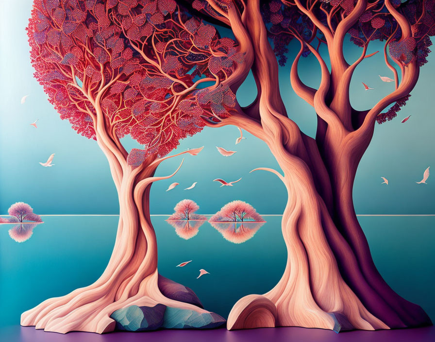 Surreal artwork: Twisting trees with pink canopies over reflective water