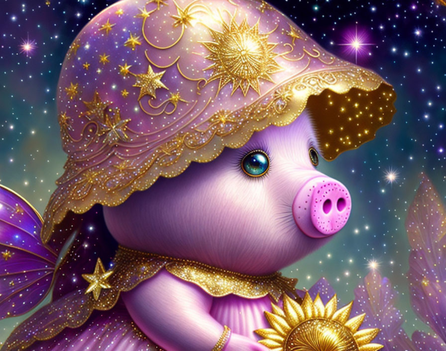 Purple pig in golden fairy outfit with starry wings on night-sky backdrop