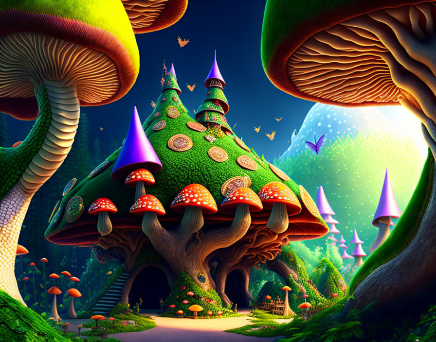 Colorful oversized mushrooms and whimsical birds in a fantasy landscape