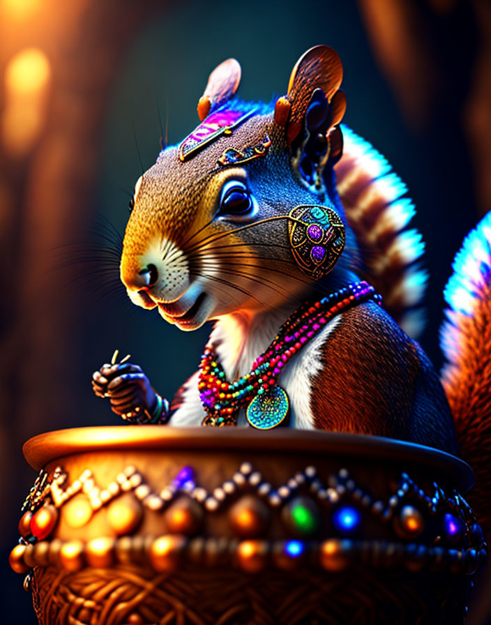 Anthropomorphic squirrel with jewelry holding gem in dark, mystical setting