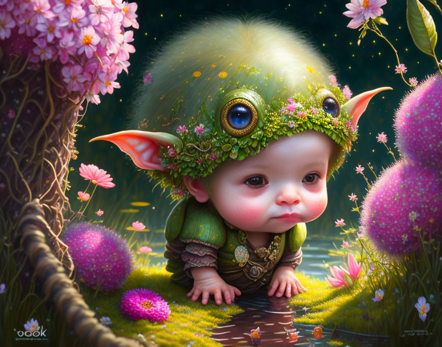 Illustration of adorable creature in leafy outfit in magical floral setting