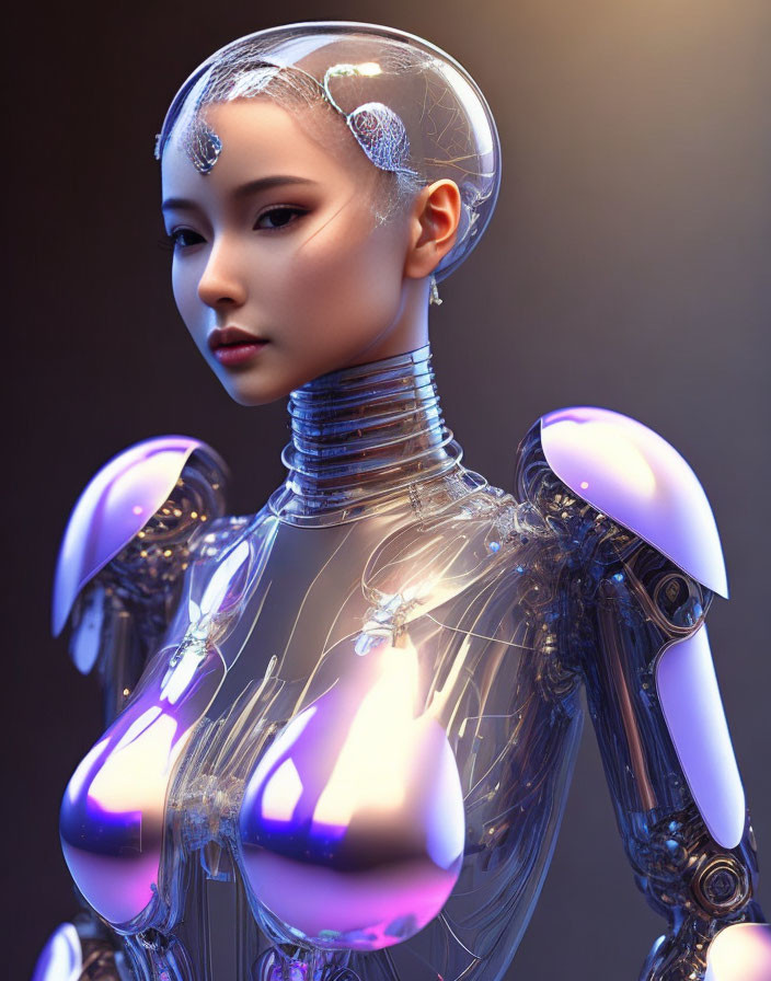 Female humanoid robot with transparent head cap and intricate mechanical parts in serene expression