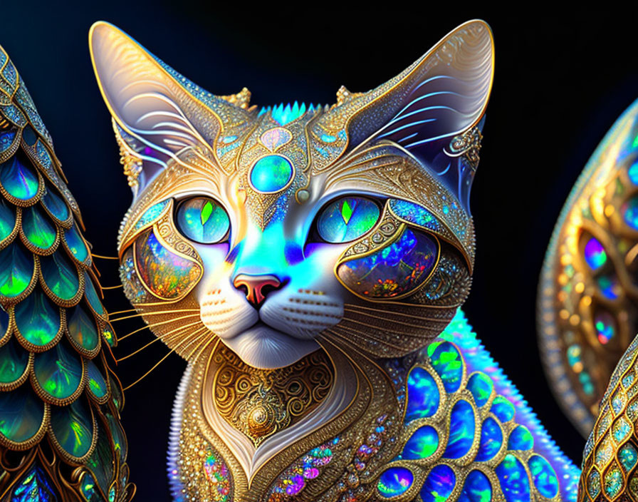 Colorful digital artwork of a cat with intricate patterns and glowing eyes