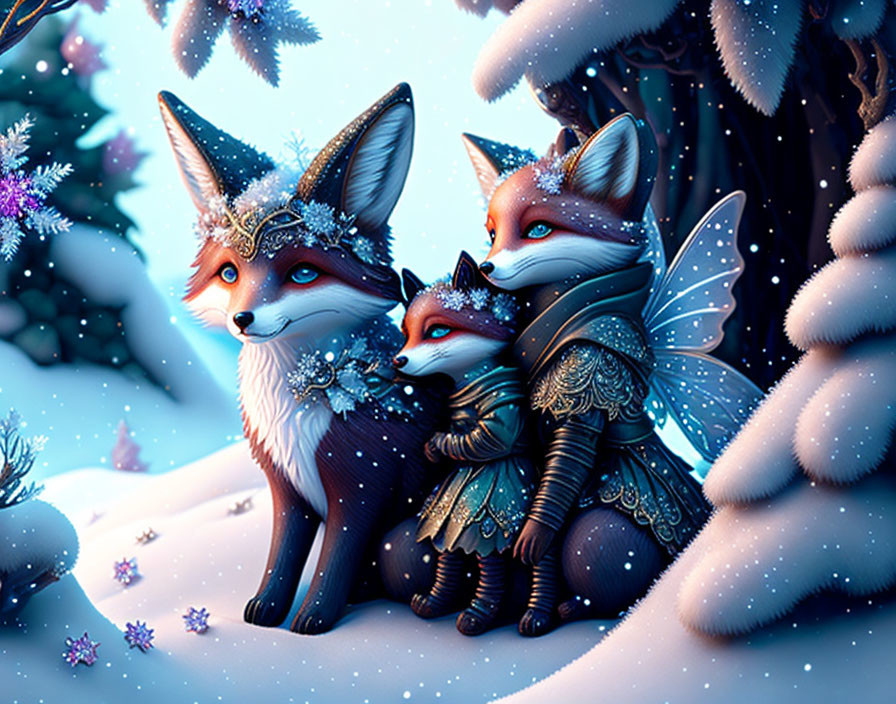 Stylized fantasy foxes in armor and jewels on snowy landscape