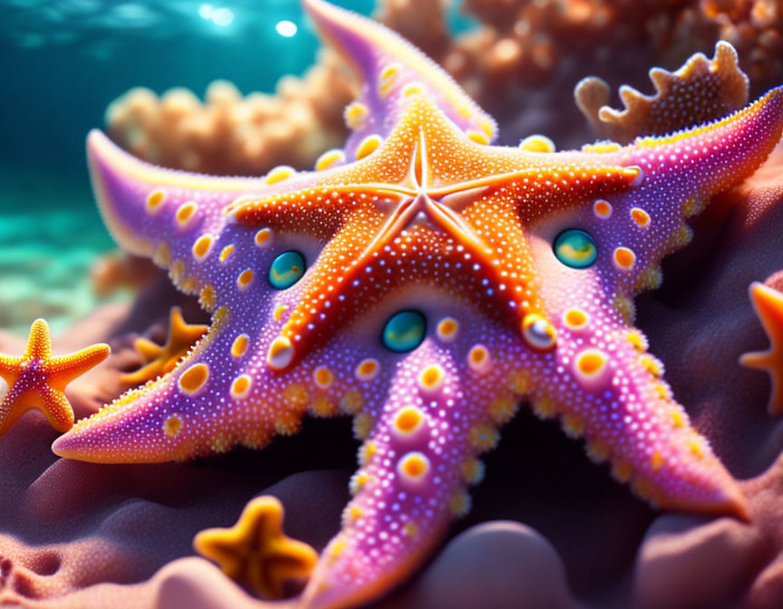 Colorful Starfish Patterns on Coral Reef in Clear Underwater Light