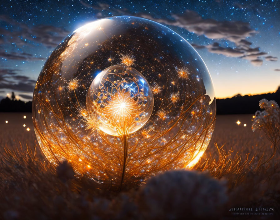 Crystal ball reflecting starry night sky with glowing dandelion and silhouetted mountains on twilight