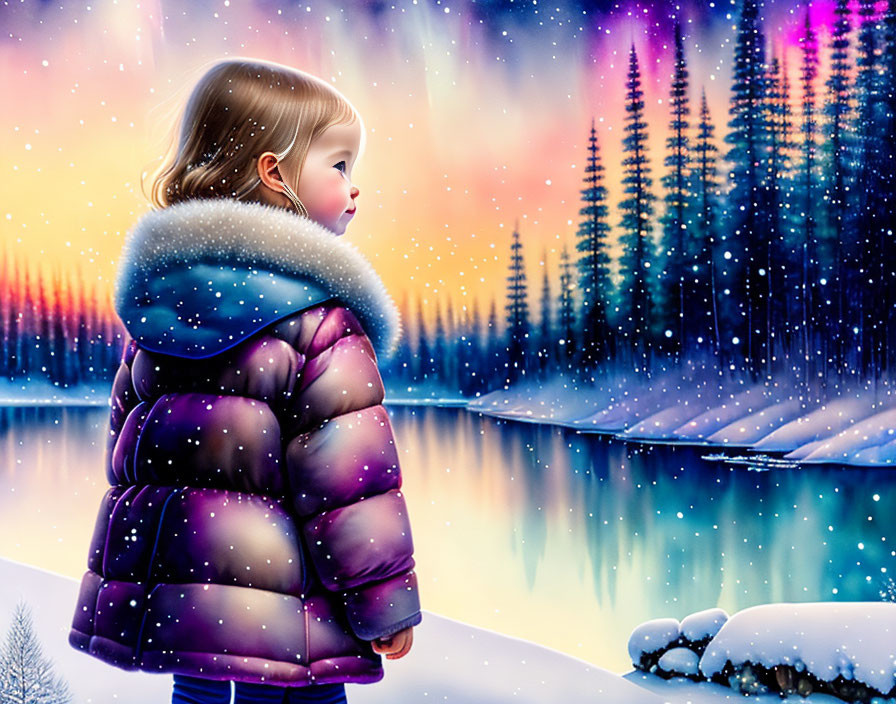 Child in purple jacket admires snowy winter scene with aurora borealis and icy waters