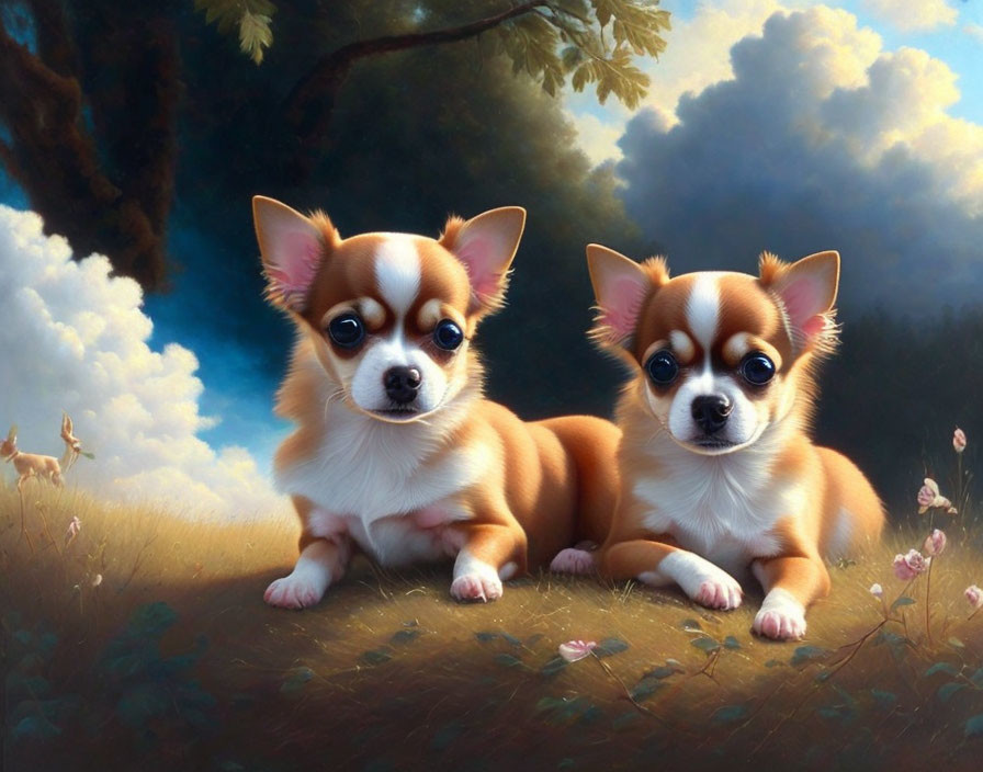 Chihuahua puppies outdoors with serene sky and greenery